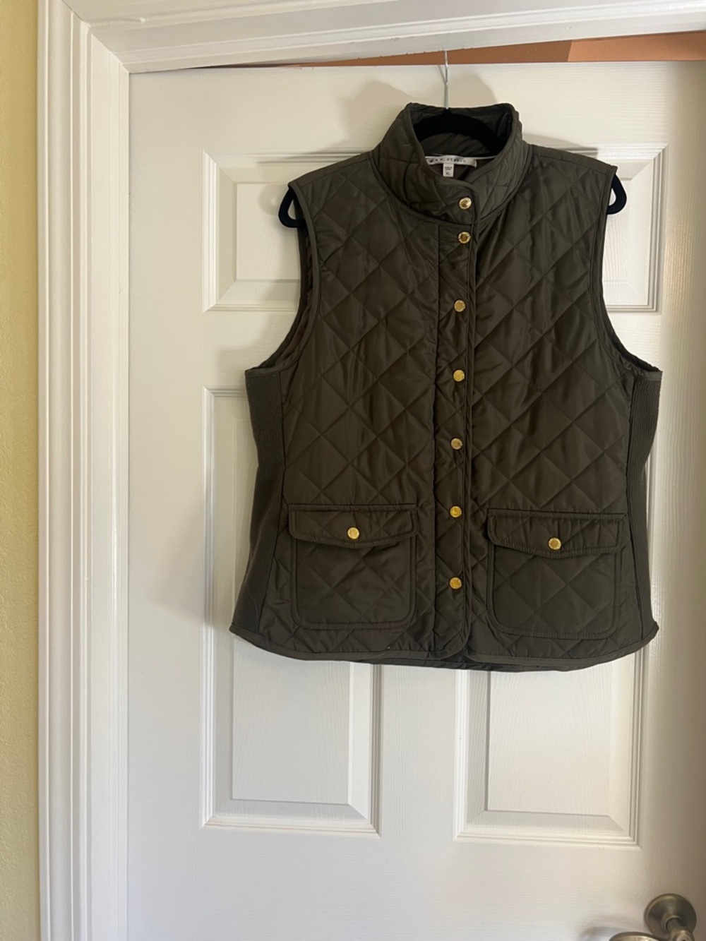 Max Studio Quilted Sleeveless Vest in Olive Green with Gold-Tone Studs